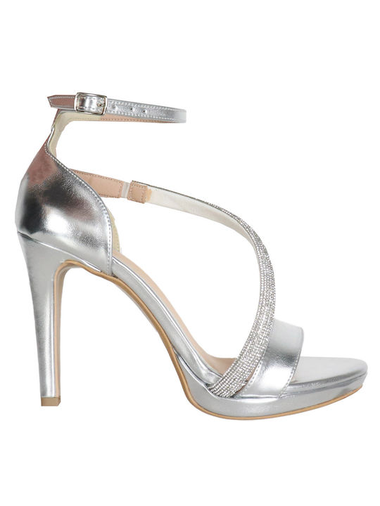 koniaris Synthetic Leather Women's Sandals Silver with Chunky High Heel Q4K07954