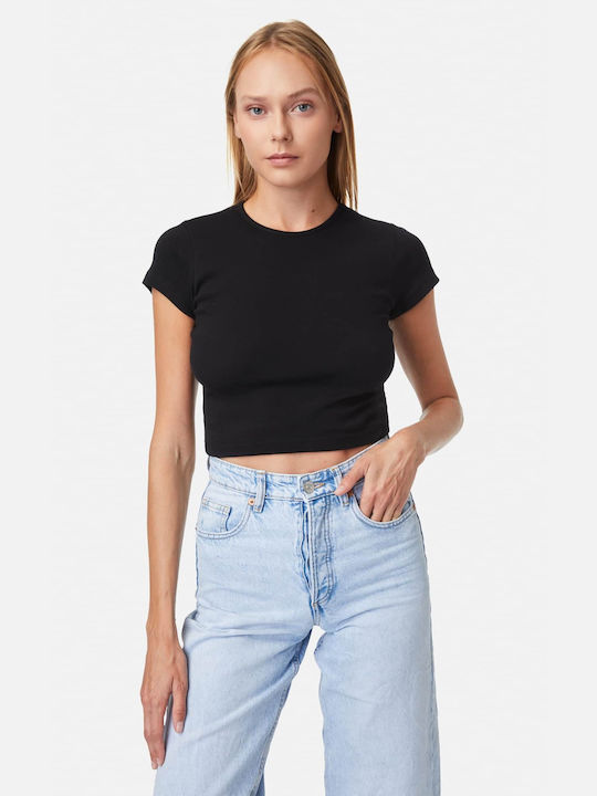 Minerva Women's Summer Crop Top Cotton Short Sleeve Black