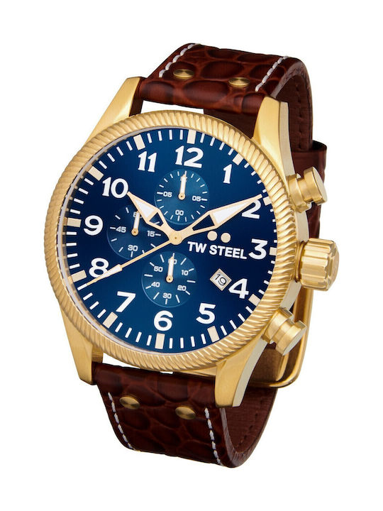 TW Steel Ceas Barbati 48mm Cronograf Baterie cu Curea din Piele Maro