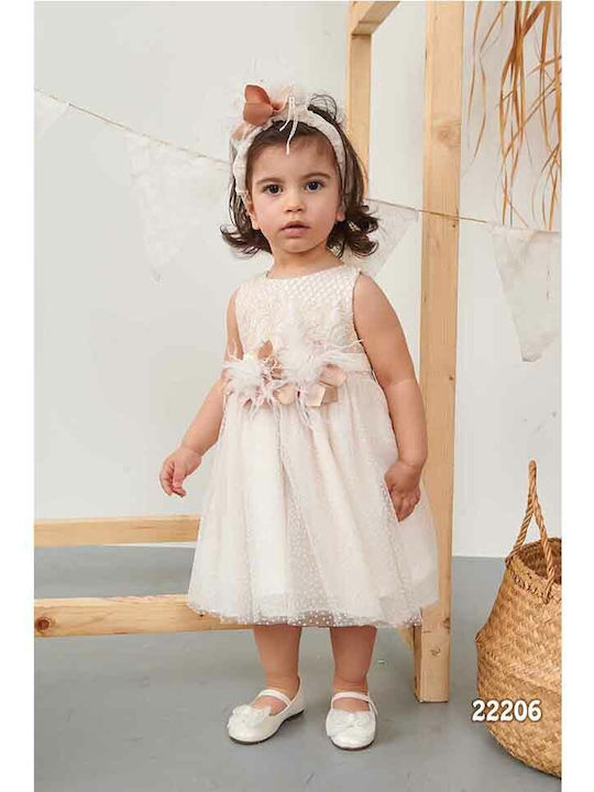 Bonito Baby Beige Baptism Clothing Set with Hair Accessories & Dress made of Tulle 2pcs