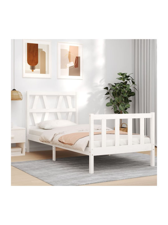 Κρεβάτι Μονό από Μασίφ Ξύλο Λευκό με Τάβλες για Στρώμα 90x200cm