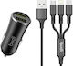 Budi Автомобилно Зарядно Устройство 12W 2.4A с 2xUSB-A Портове с Кабел Lightning / Micro-USB / Type-C Черен Цвят
