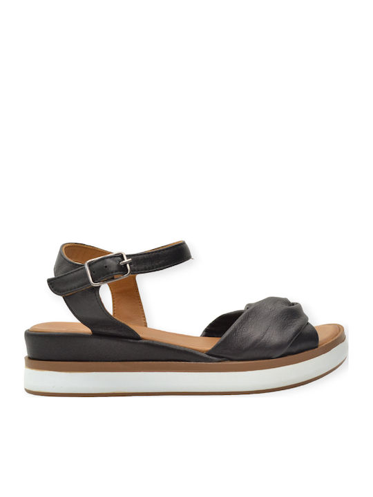 Leather Women's Flat Sandals with Strap in Black Color