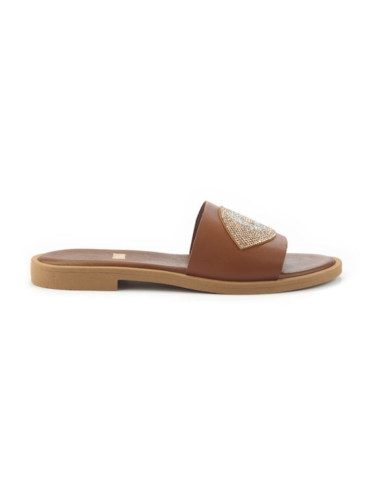 Fshoes Leather Women's Flat Sandals in Tabac Brown Color