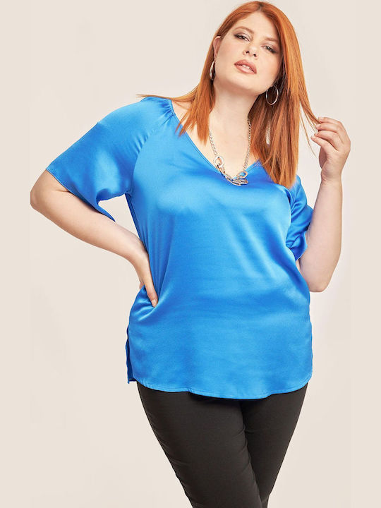 Women's Summer Blouse Satin Short Sleeve with V Neckline Blue