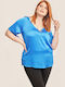Women's Summer Blouse Satin Short Sleeve with V Neckline Blue