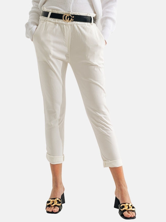 InShoes Women's Fabric Capri Trousers with Elastic in Loose Fit White