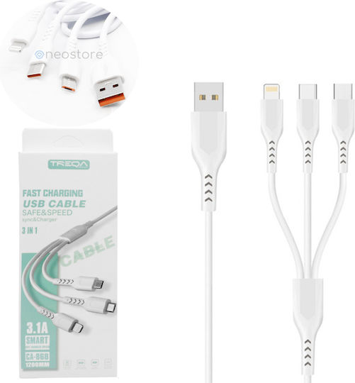 Treqa CA-868 Regular Cablu USB la Lightning / Type-C / micro USB cu mai multe porturi 3.1A Alb 1.2m