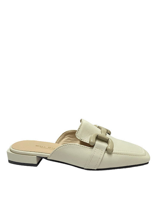 Wall Street Leder Mules mit Chunky Hoch Absatz in Beige Farbe