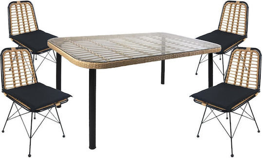 Ampius Outdoor Dining Room Set 5 Pieces Natural/Black with Pillows