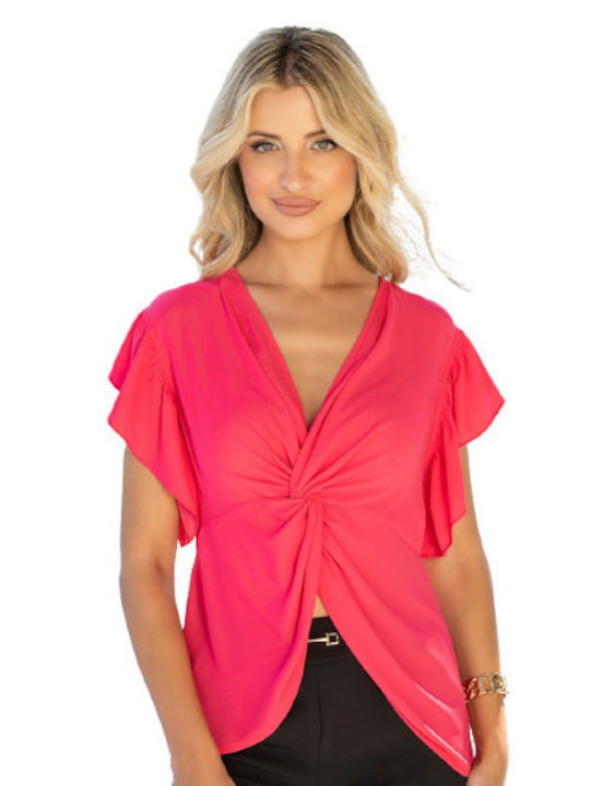 Women's Summer Blouse Short Sleeve with V Neckline Fuchsia