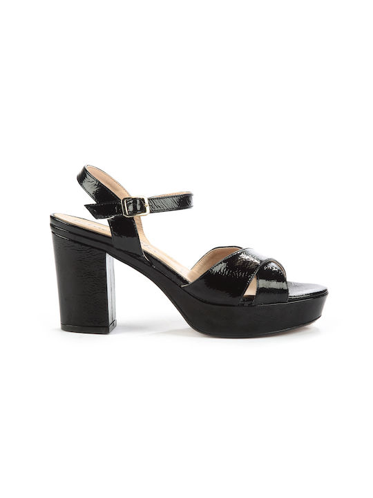 Fshoes Platform Leather Women's Sandals Black with Chunky High Heel