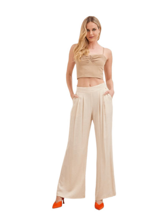 Enzzo Women's Fabric Trousers Beige