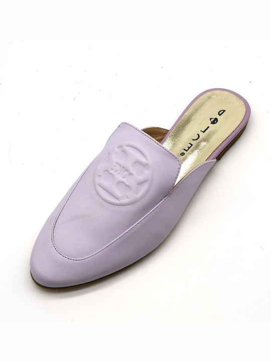 Flat Leather Mules in Lilac Color