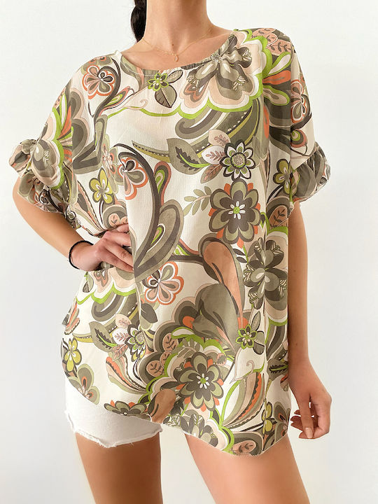 DOT Women's Summer Blouse Short Sleeve Floral Khaki