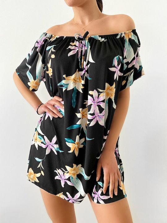 DOT Damen Sommer Bluse Schulterfrei Kurzärmelig Blumen Schwarz