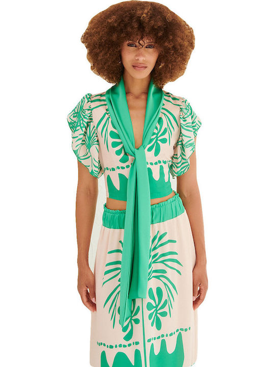 Women's Summer Crop Top Satin Short Sleeve Green