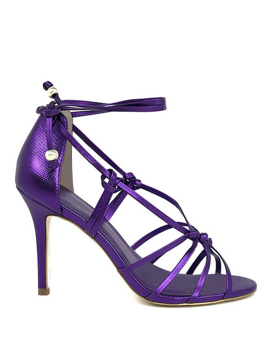 Gold&Rouge Leather Women's Sandals with Laces Purple