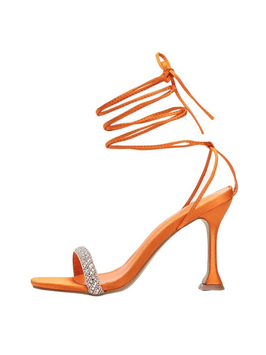 Diamantique Women's Sandals with Strass & Laces Orange with Chunky High Heel 3836-1-ORANGE