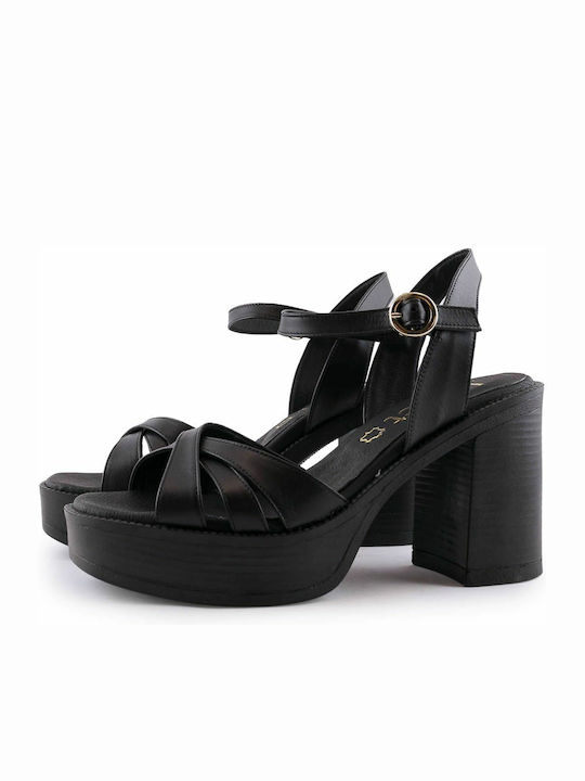 Juliet Women's Sandals with Ankle Strap Black with Chunky High Heel