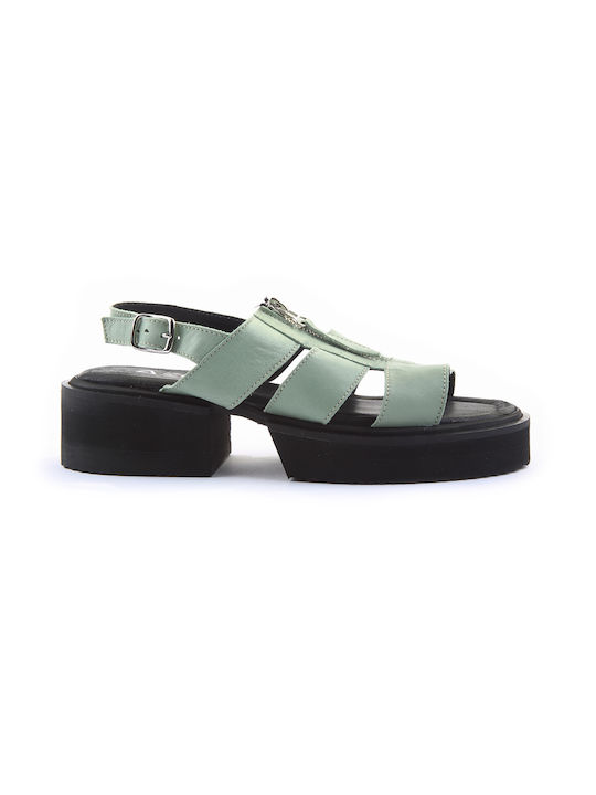 Fshoes Leder Damen Sandalen mit Chunky niedrigem Absatz in Grün Farbe