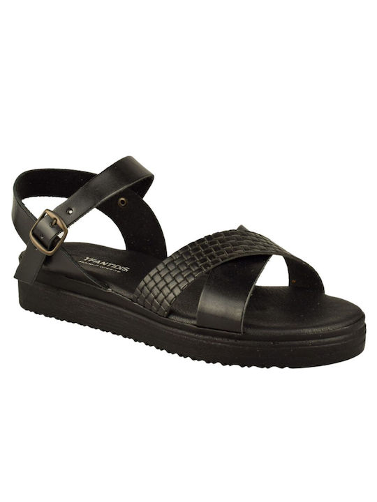 Yfantidis Leather Women's Sandals with Ankle Strap Black