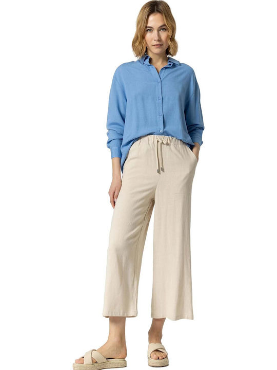 Tiffosi Γυναικεία Ψηλόμεση Υφασμάτινη Παντελόνα με Λάστιχο σε Μπεζ Χρώμα