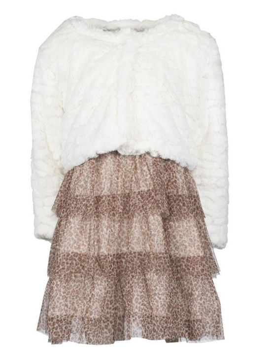 Mädchenkleid Kurzärmelig Tüll Tierdruck Set aus 2 mit Mantel Weiß