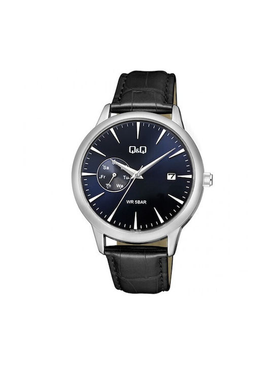 Q&Q Watch Battery with Black Leather Strap