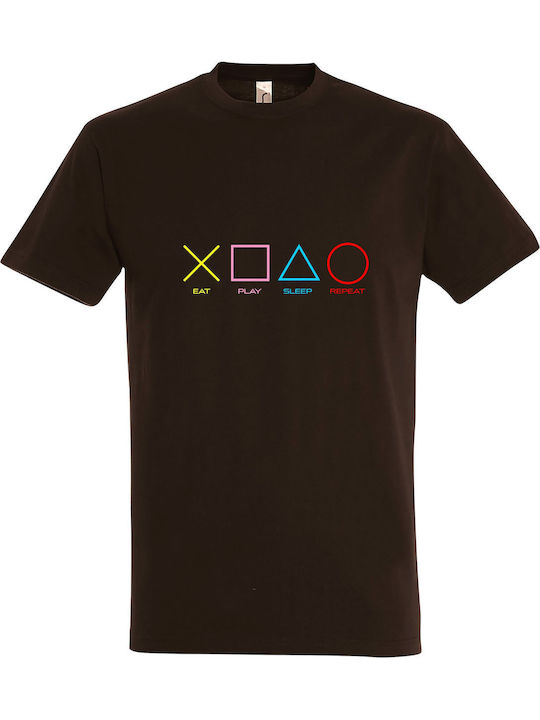 T-shirt Eat Sleap Play Repeat σε Καφέ χρώμα