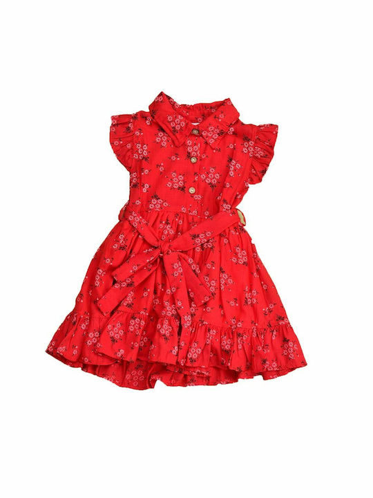 Potre Mädchen Kleid Blumen Kurzärmelig Rot