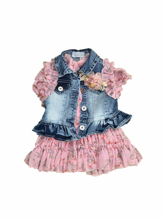 Potre Kids Dress Set with Coat Denim Floral Sleeveless Pink