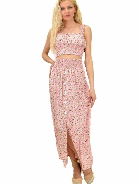 Σετ με Ψηλόμεση Midi Φούστα Floral Ροζ