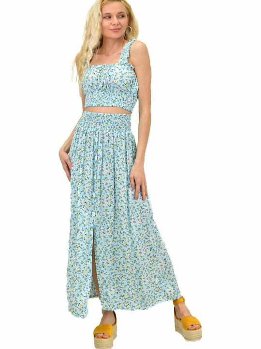 Potre Σετ με Ψηλόμεση Midi Φούστα Floral Τιρκουάζ