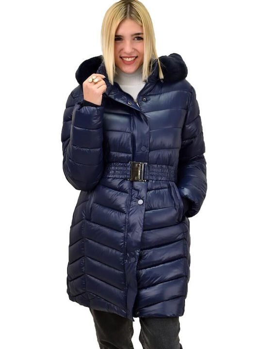 Potre Lang Damen Puffer Jacke mit pelziger Kapuze für Winter Marineblau