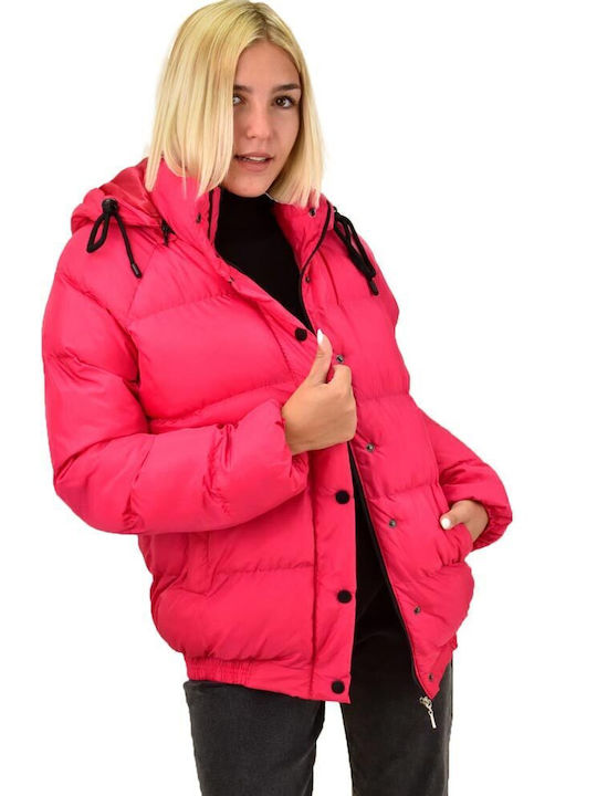 Potre Women's Short Puffer Jacket for Winter with Hood Fuchsia