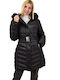 Potre Women's Long Puffer Jacket for Winter with Detachable Hood Black