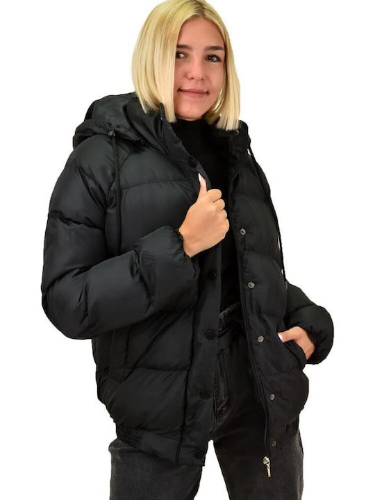 Women's Short Puffer Jacket for Winter with Hood Black