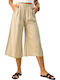 Women's High-waisted Fabric Trousers with Elastic in Straight Line Beige