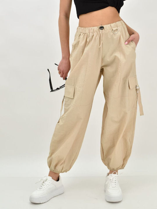 Women's Fabric Cargo Trousers with Elastic Beige