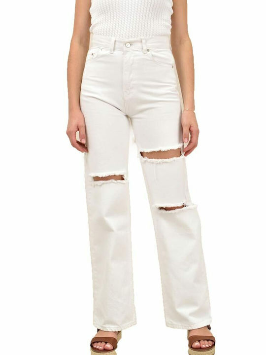 Potre High Waist Women's Jean Trousers with Rips White