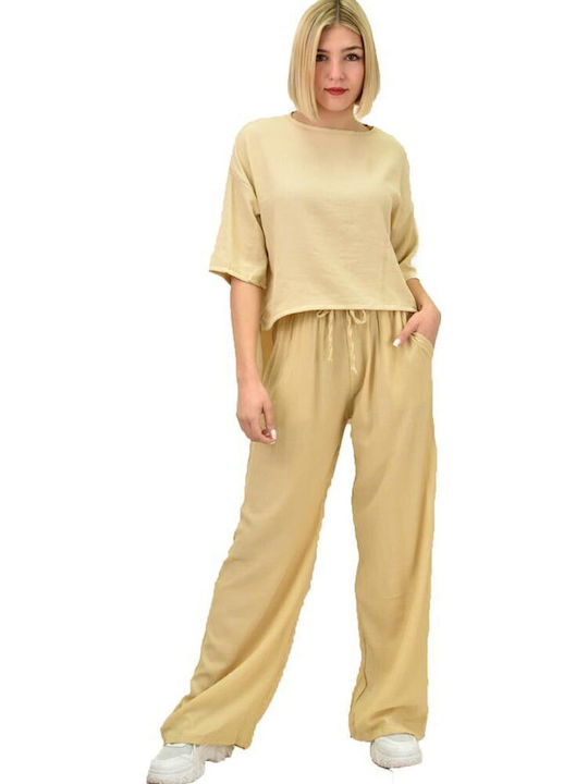 Damen Beige Set mit Hose mit Gummizug