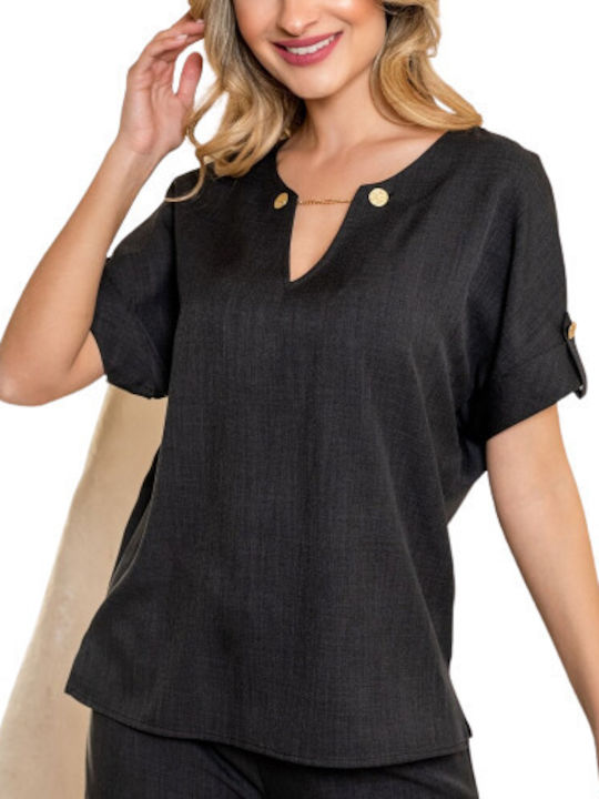 Derpouli Damen Sommerliche Bluse Kurzärmelig mit V-Ausschnitt Schwarz
