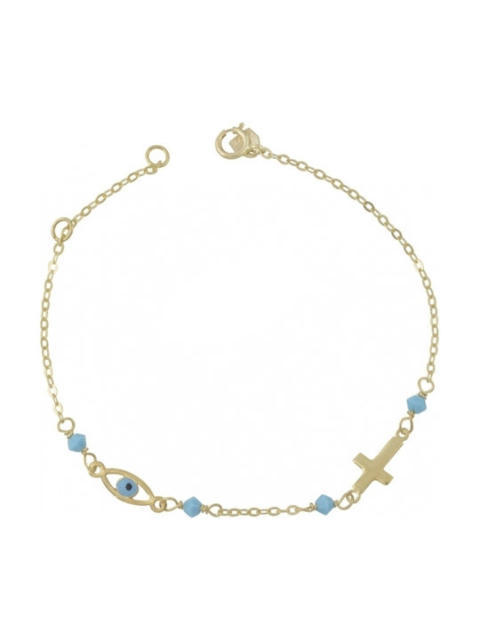 Kids Bracelet Chain from Gold 14K with Stones, Evil Eye & Σταυρό