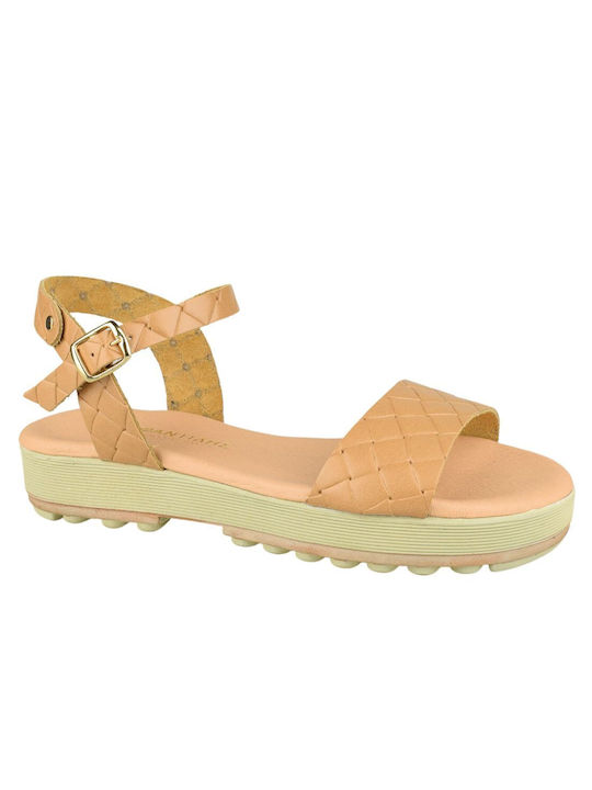 Yfantidis Leather Women's Sandals with Ankle Strap Beige
