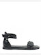 Leather Women's Flat Sandals with Strap in Black Color