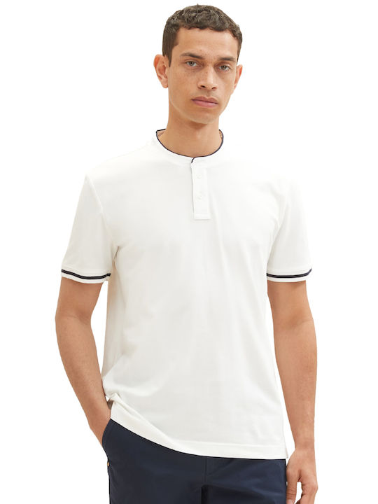 Tom Tailor T-shirt Bărbătesc cu Mânecă Scurtă cu butoane Alb