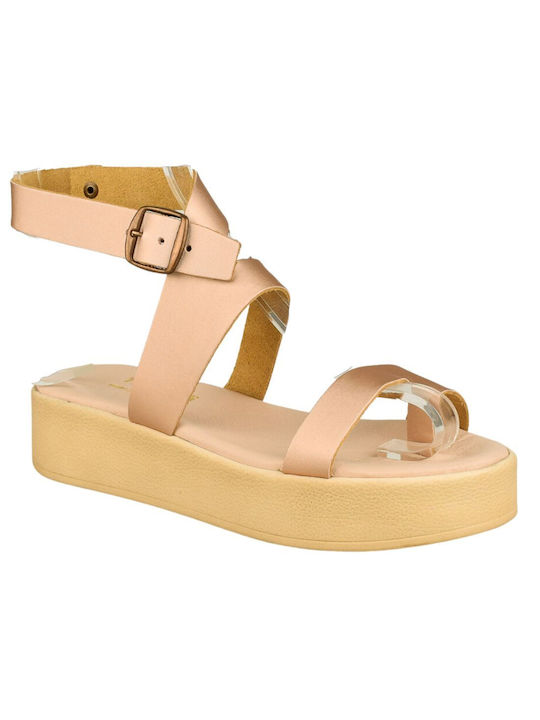 Yfantidis Flatforms Leather Women's Sandals with Ankle Strap Pink