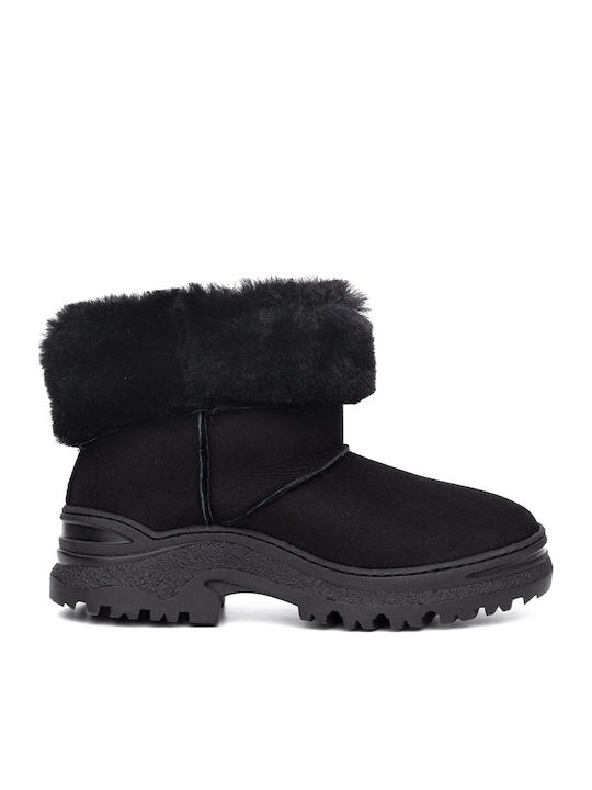 Wildleder Damen Stiefeletten Ankle Boots mit mittlerem Absatz und Pelz Schwarz