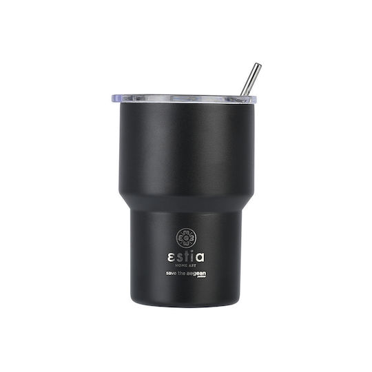 Estia Coffee Mug Lite Save the Aegean Recyclable Stainless Steel Thermos Glass BPA Free 400ml Midnight Black with Straw